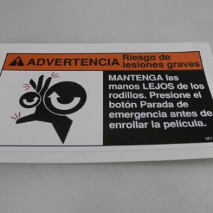 30116684 - LABEL WARNING 'KEEP AWAY FROM ROLLERS' (SIZE = 5.67 X 3.0) - SPANISH (ENG EQUIV 30116683)