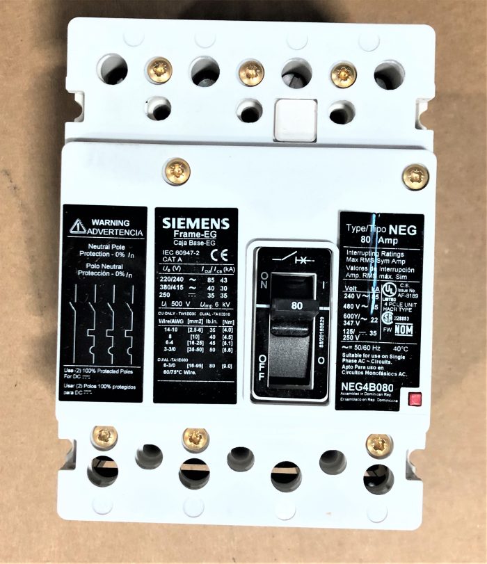 30147355 - CIRCUIT BREAKER 4P 80A PANEL MOUNT EG FRAME SHORT CIRCUIT BREAKING CAPACITY 40/35KA @ 415/480VAC 50-60HZ W/NEUTRAL